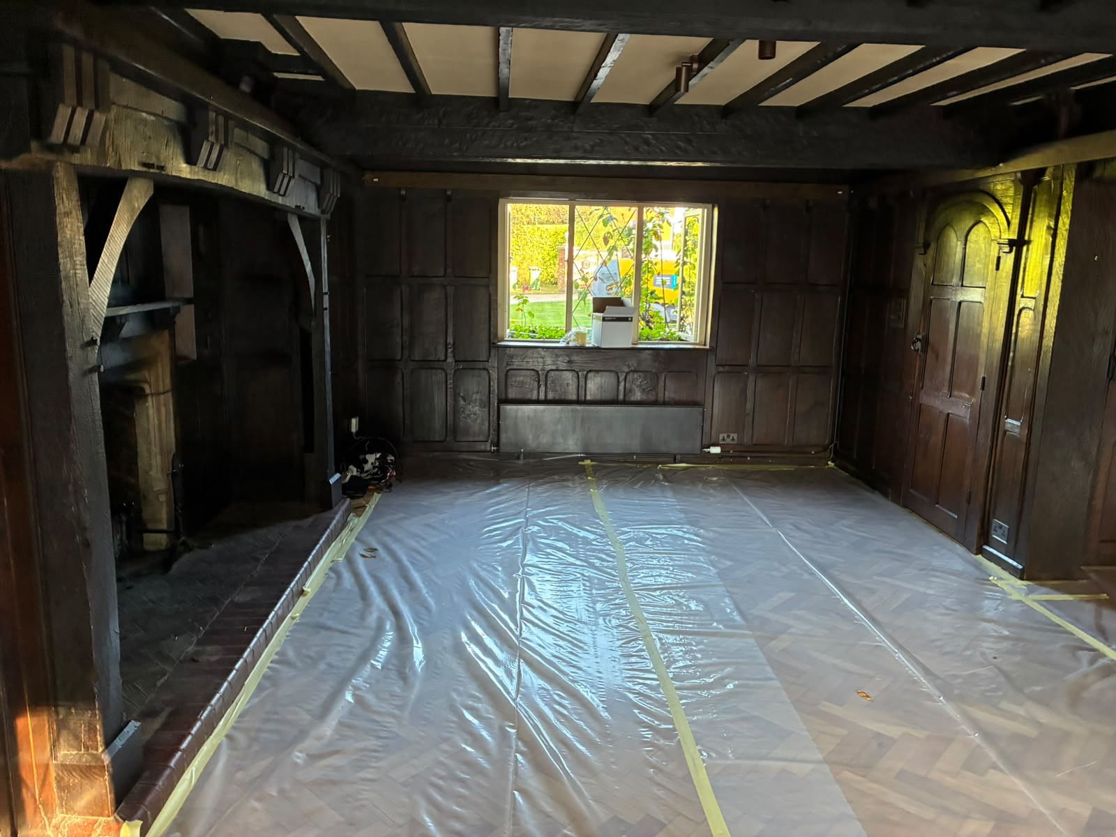 Grand Hall living area prepared before timber restoration