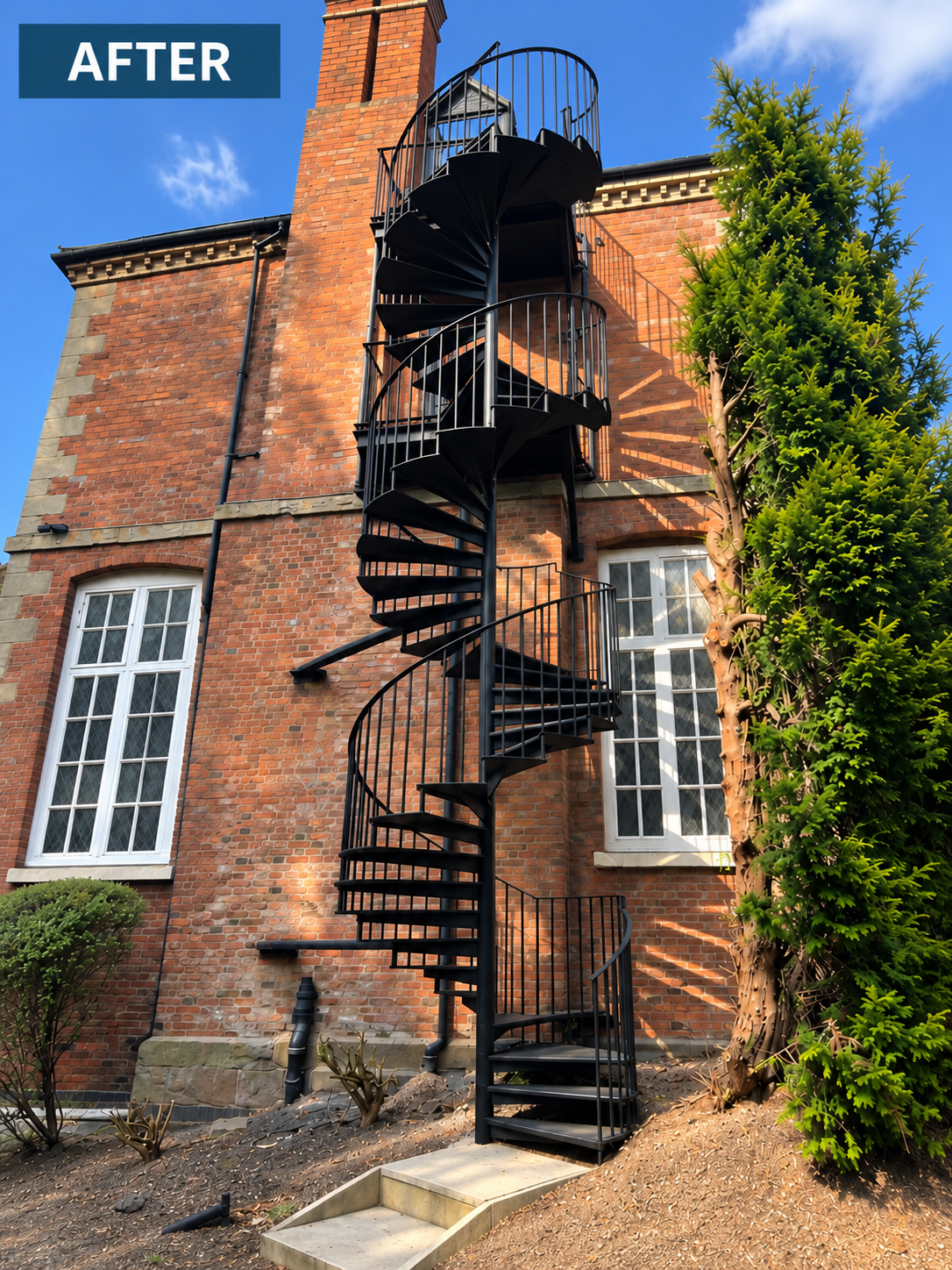 External spiral staircase at Bromsgrove School after the published black-finish restoration