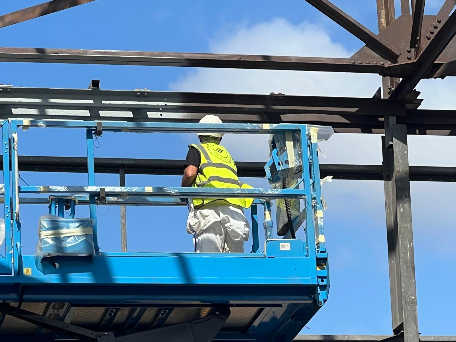 Close view of protective coating applied to warehouse steelwork