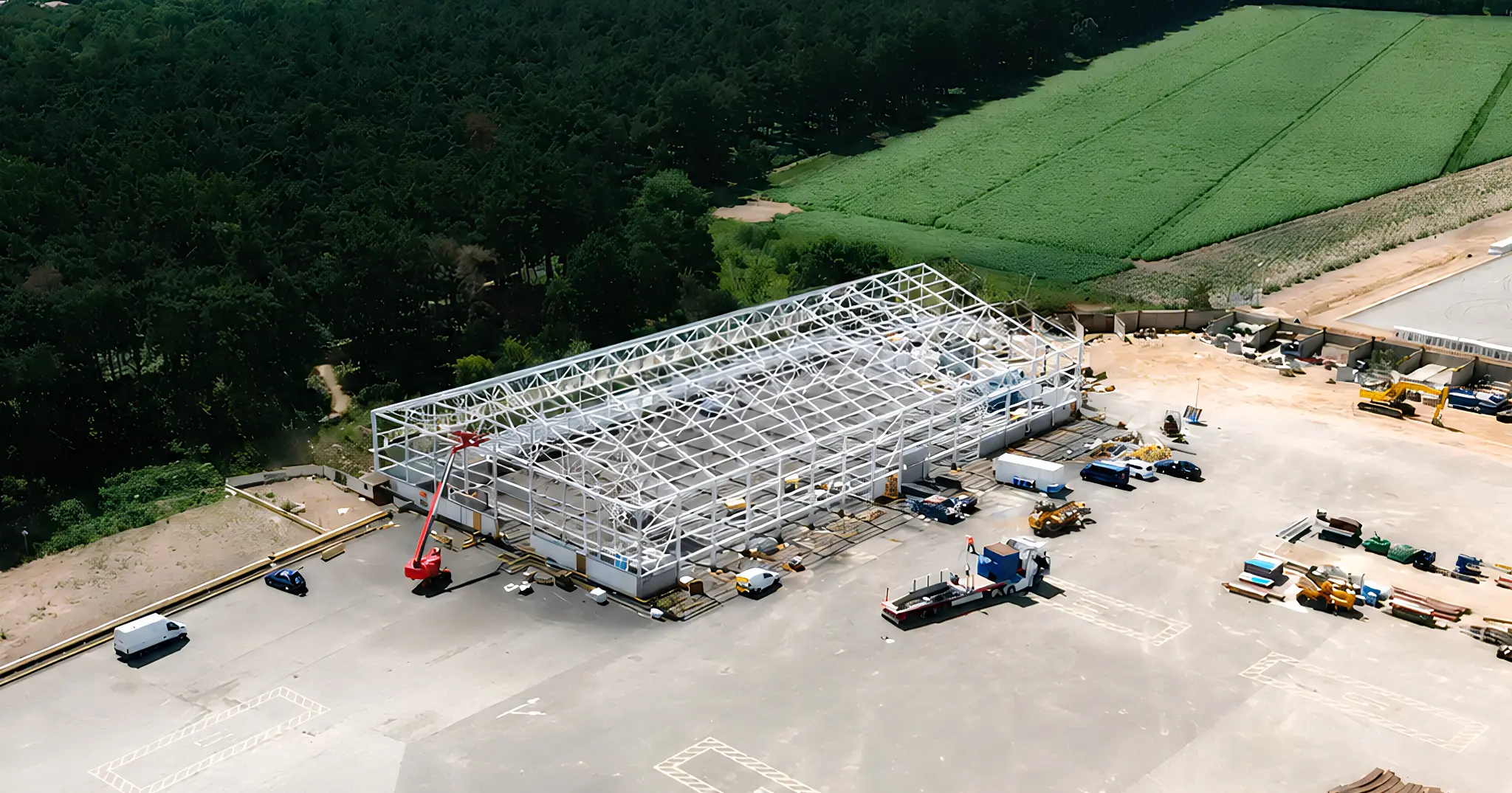 Aerial view of the finished painted warehouse steelwork