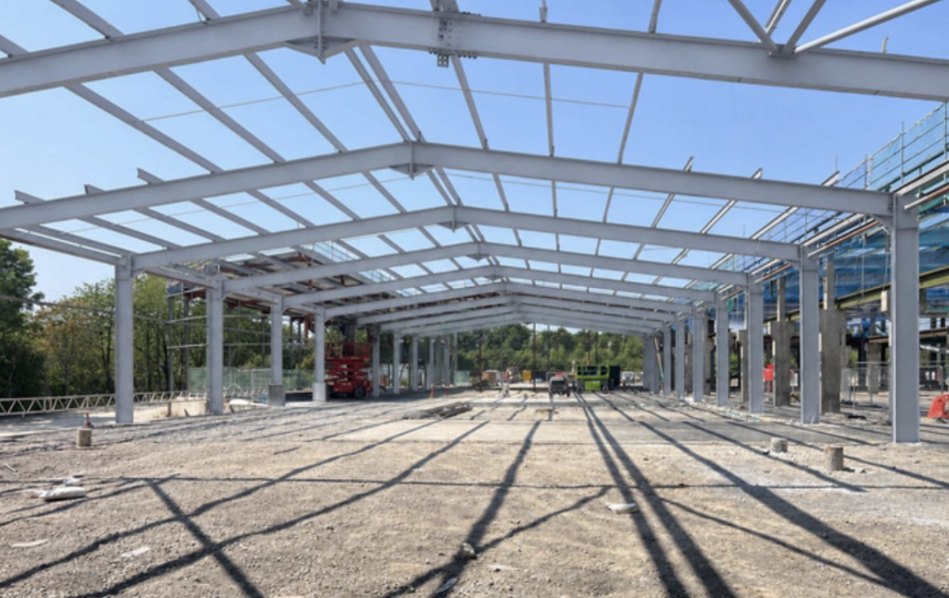 Structural steelwork at the former Wigan food facility after the published preparation and coating sequence