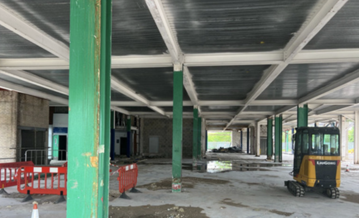 Structural steelwork at the former Wigan food facility before the published preparation and coating sequence